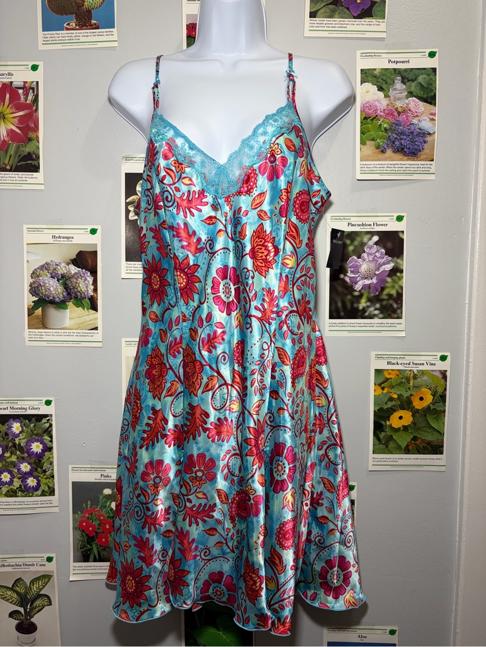 delicates Turquoise Satin Slip with Red Floral Print